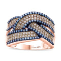 Natural Champagne Diamond, Blue Diamond (IR) Bridge Crossover Ring in Vermeil RG Over Sterling Silver (Size 6.0) 1.00 ctw - Sticky add to cart bar