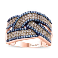 Natural Champagne Diamond, Blue Diamond (IR) Bridge Crossover Ring in Vermeil RG Over Sterling Silver (Size 6.0) 1.00 ctw