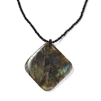 Malagasy Labradorite Pendant with Thai Black Spinel 127.65 ctw Beaded Necklace in Stainless Steel 20 Inches