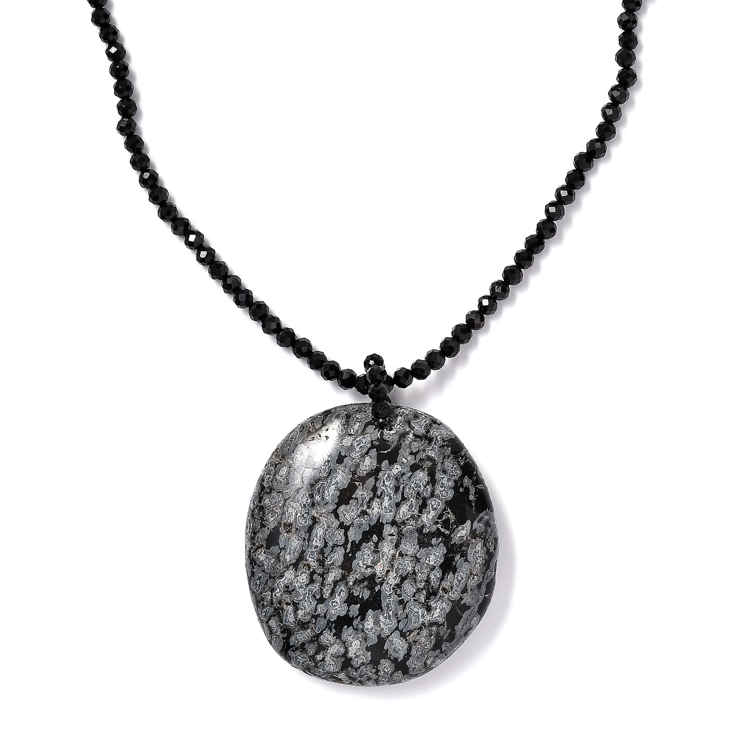 Snow Flake Obsidian and Thai Black Spinel 179.90 ctw Beaded Necklace in Stainless Steel 20 Inches