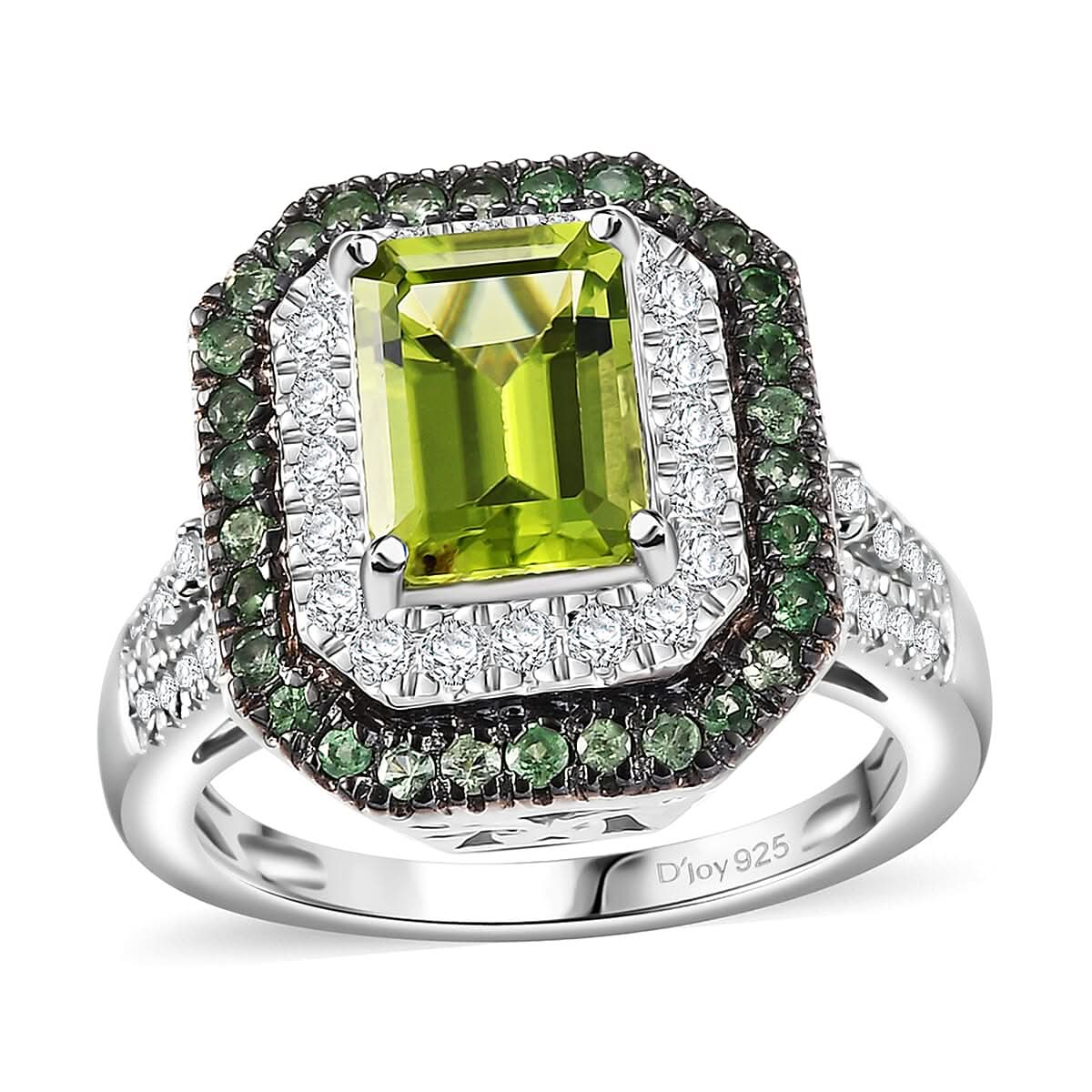 Peridot and Multi Gemstone 3.75 ctw Double Halo Ring in Rhodium Over Sterling Silver