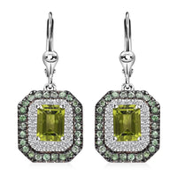 Peridot and Multi Gemstone 5.00 ctw Floral Double Halo Earrings in Rhodium Over Sterling Silver
