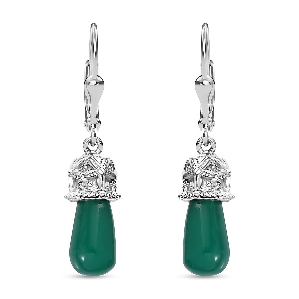 D'Joy Verde Onyx 6.60 ctw Floral on Cap Earrings in Rhodium Over Sterling Silver