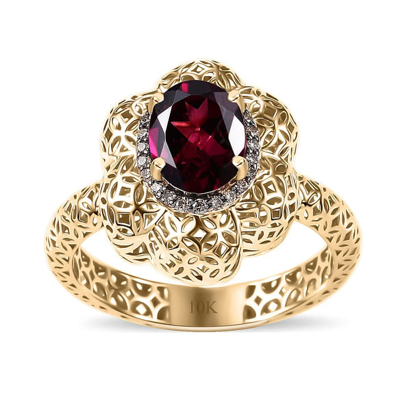 Mirage Collection Luxoro AAA Radiant Ember Garnet and Natural Champagne Diamond 1.50 ctw Vintage Floral Filigree Ring in 10K Yellow Gold - Product card gallery slide 1 (9432335384831)