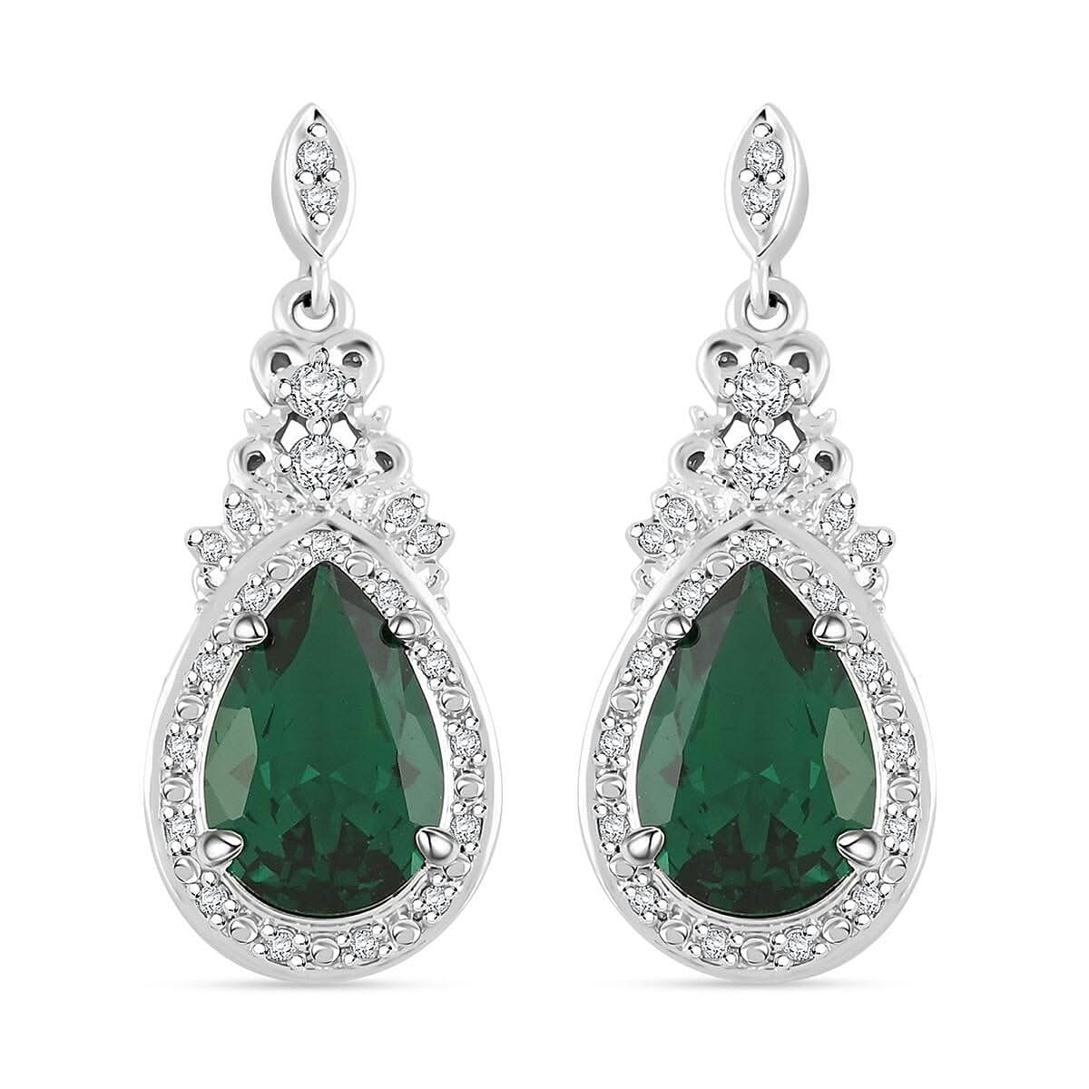 Simulated Emerald and Simulated Diamond 6.20 ctw Earrings in Silvertone
