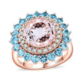 Certified & Appraised Luxoro AAA Pink Morganite, Santa Maria Aquamarine and G-H I2 Diamond 5.15 ctw Ring in 14K Rose Gold 6.20 Grams - Sticky add to cart bar