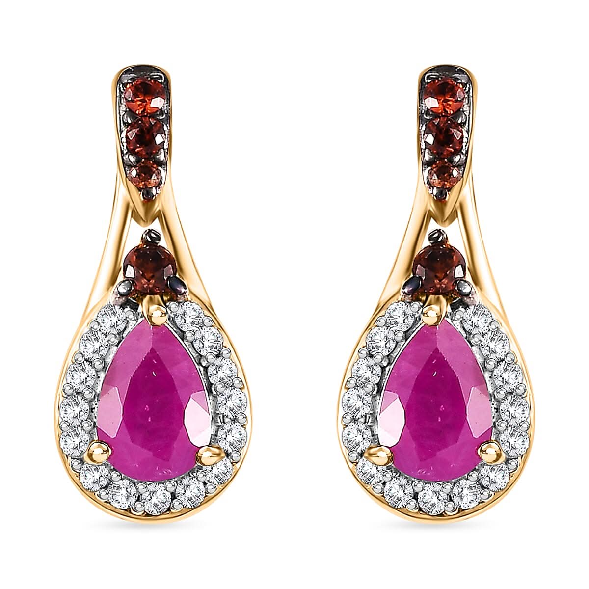 Premium Royal Ruby, Brown and White Zircon 1.60 ctw Autumn Grace Earrings in 18K Vermeil Yellow Gold Over Sterling Silver