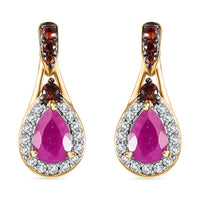 Premium Royal Ruby, Brown and White Zircon 1.60 ctw Autumn Grace Earrings in 18K Vermeil Yellow Gold Over Sterling Silver