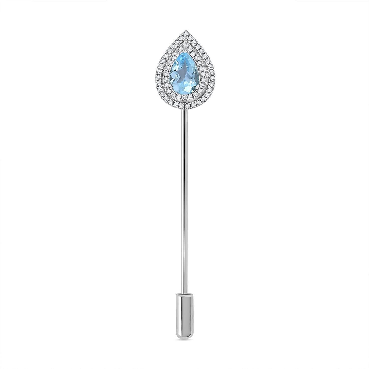 Blue Topaz, Simulated Diamond Brooch in Silvertone 3.10 ctw