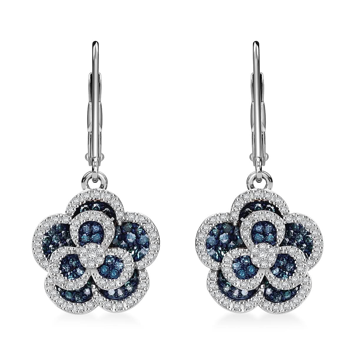 Doorbuster Blue Diamond (IR), White Diamond Floral Earrings in Platinum Over Sterling Silver 1.00 ctw