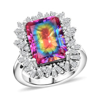 Premium Nebula Quartz Doublet, Moissanite Ring in Rhodium Over Sterling Silver (Size 7.0) 8.90 ctw