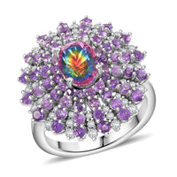 Premium Nebula Quartz Doublet, Multi Gemstone Floral Spray Ring in Rhodium Over Sterling Silver (Size 7.0) 3.40 ctw