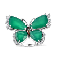 Green Onyx, Brown and White Zircon Butterfly Ring in Rhodium Over Sterling Silver 12.65 ctw