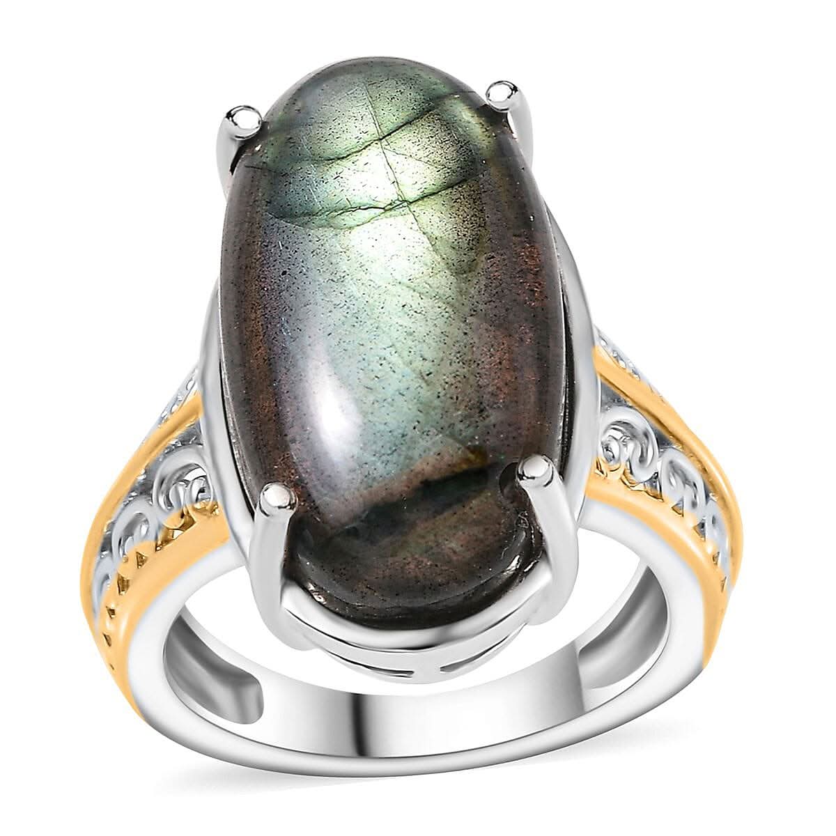 Karis Malagasy Labradorite Solitaire Ring in 18K YG Plated and Platinum Bond (Size 10.0) 12.10 ctw
