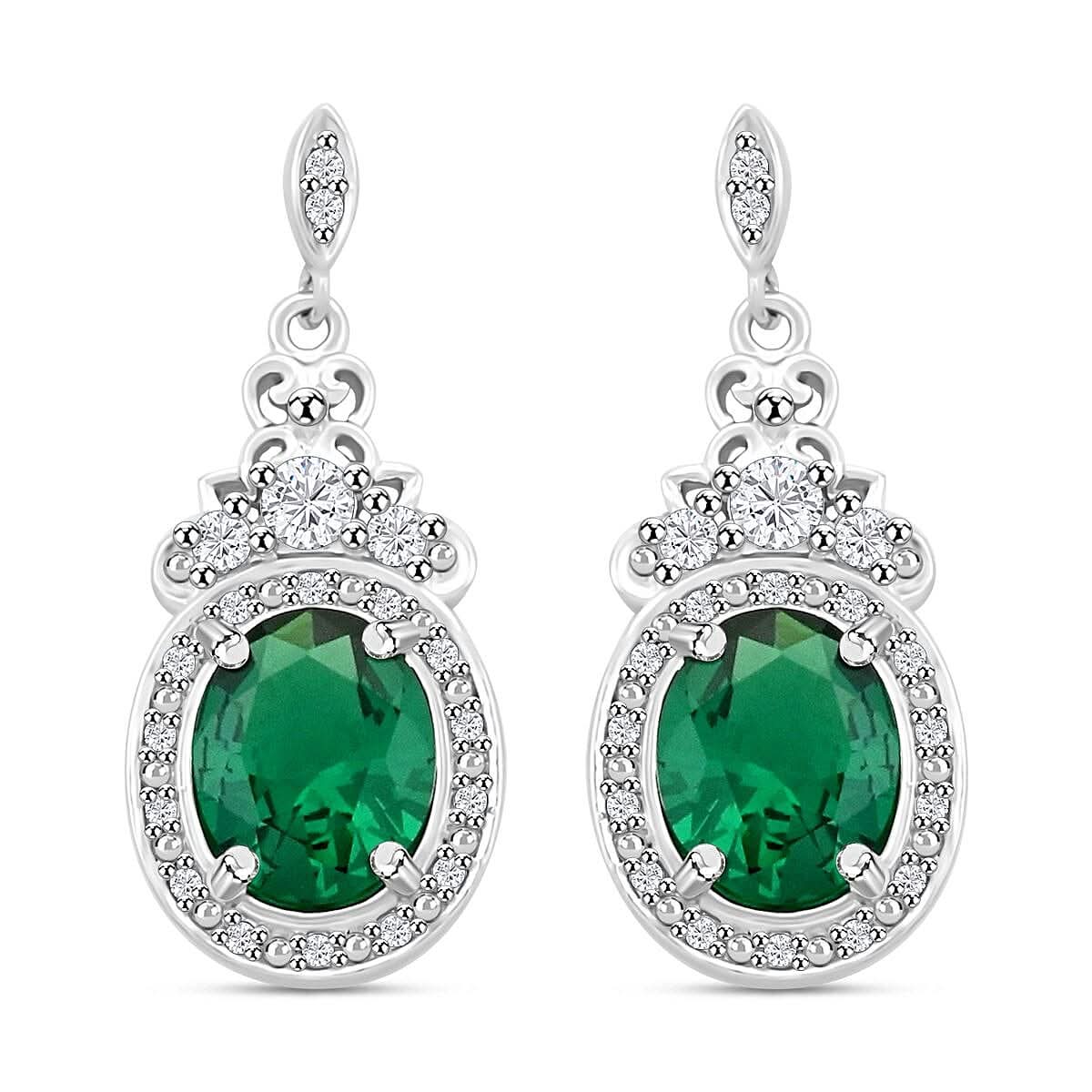 Simulated Emerald and Simulated Diamond 8.75 ctw Earrings in Silvertone