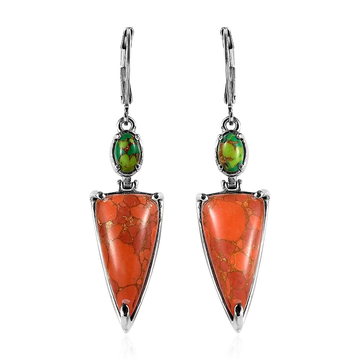 Mojave Orange Turquoise, Green Turquoise Earrings in Stainless Steel 14.30 ctw
