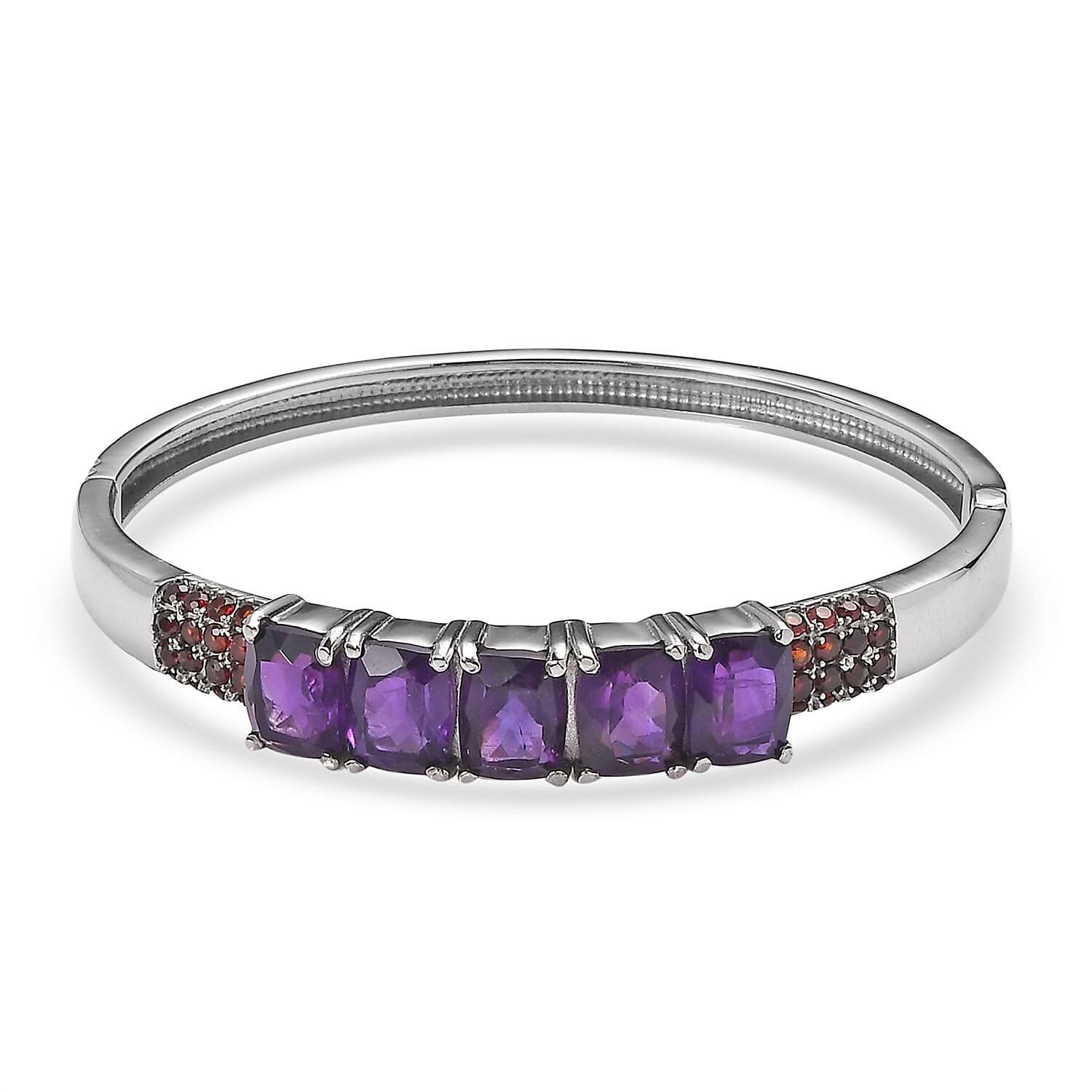 Premium African Amethyst and Mozambique Garnet 12.60 ctw Bangle Bracelet in Stainless Steel (6.50 In)