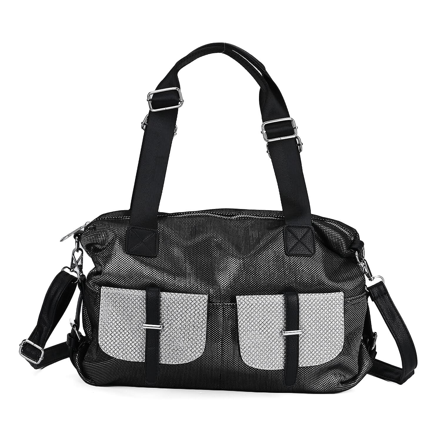 Silver Faux Leather Crossbody Bag (17"x15.7"x12.5") with Handle Drop (7") and Detachable Shoulder Strap