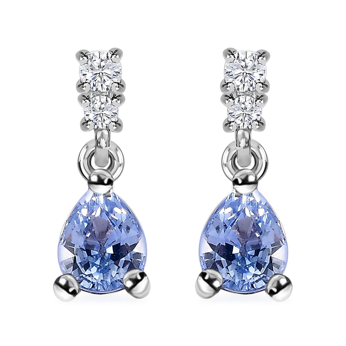 Ceylon Blue Sapphire and White Zircon 0.85 ctw Drop Earrings in Rhodium Over Sterling Silver
