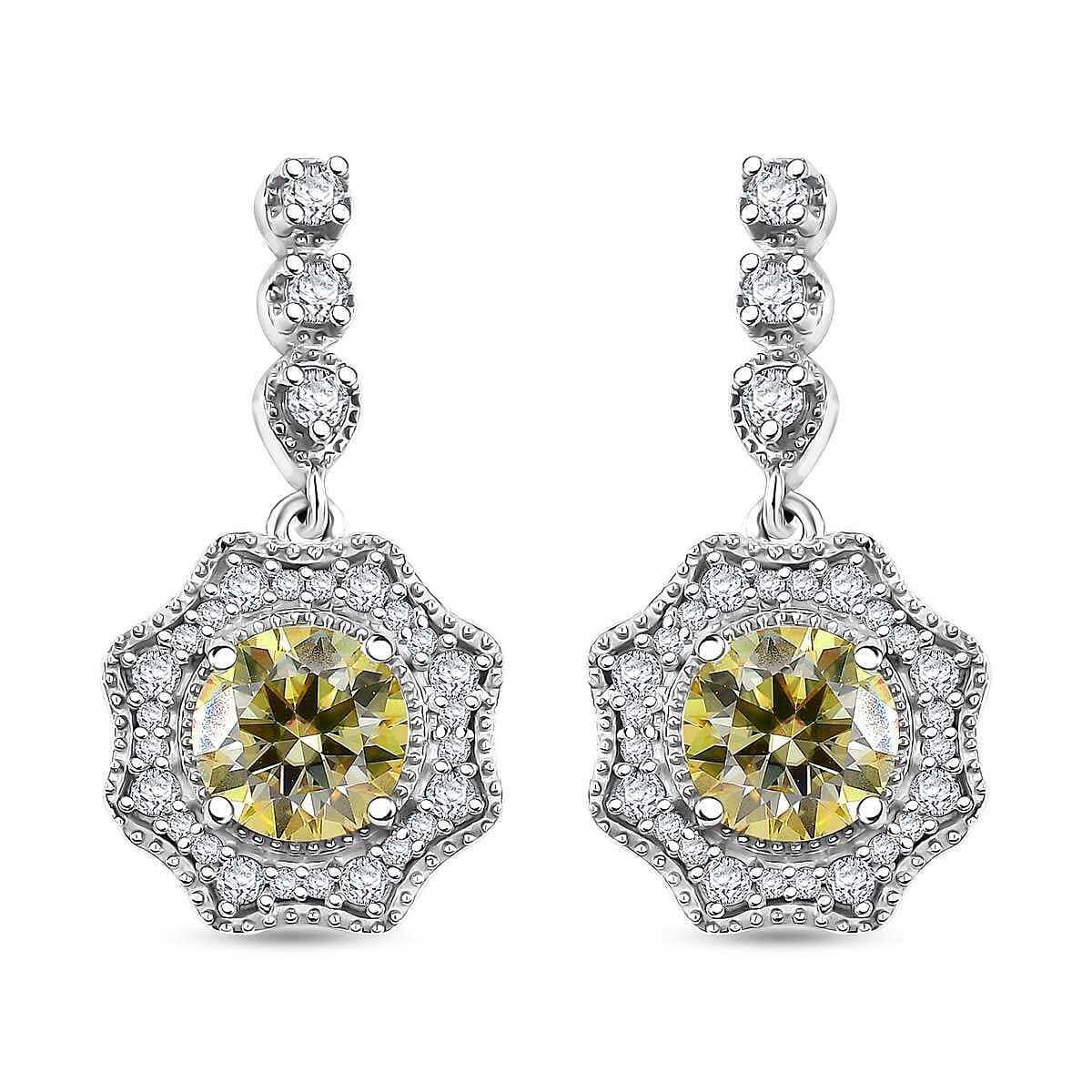 Yellow and White Moissanite 2.20 ctw Sunflower Earrings in Rhodium Over Sterling Silver
