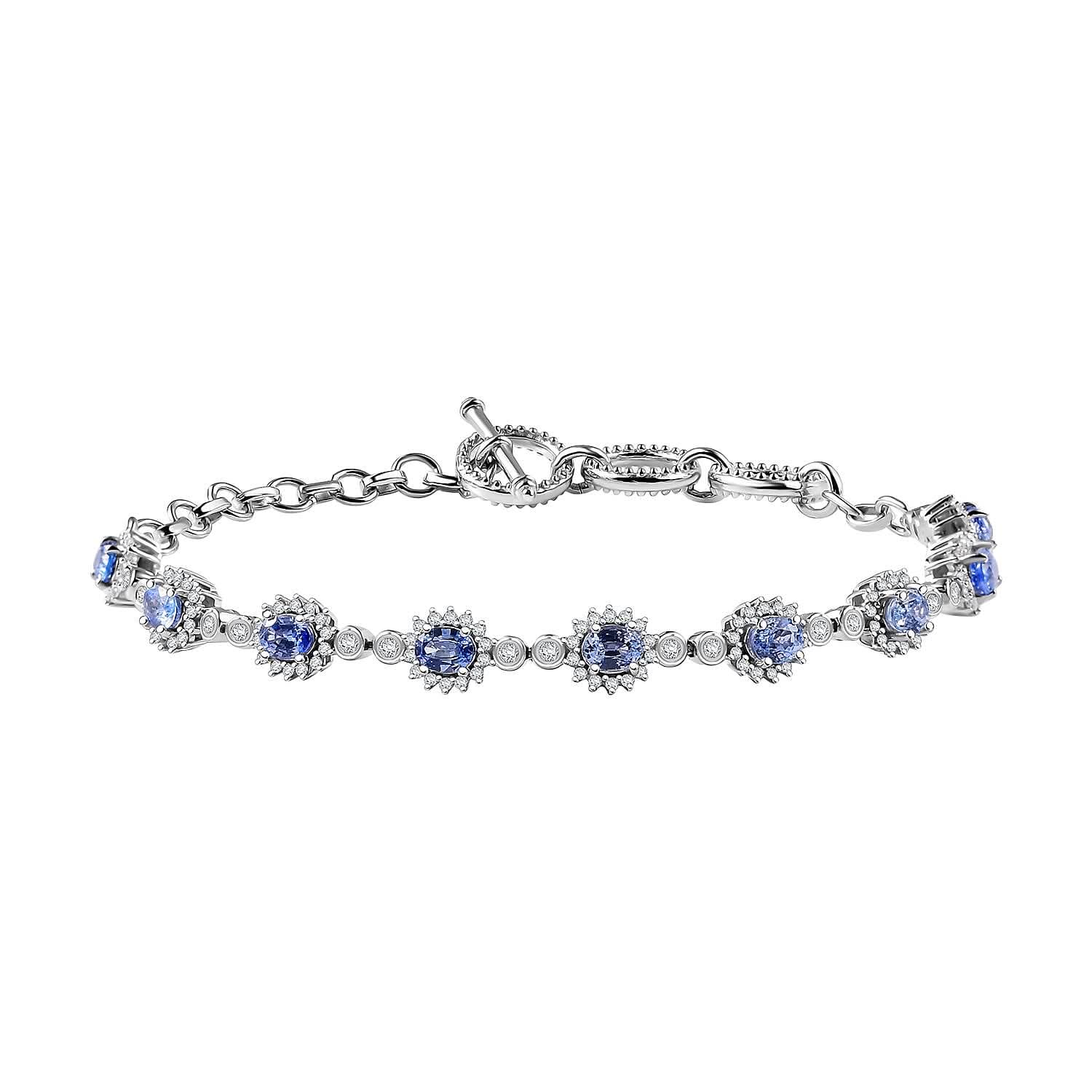 D'Joy Ceylon Blue Sapphire and White Zircon 4.35 ctw Art Deco Bracelet in Rhodium Over Sterling Silver (6.50-8.0In)