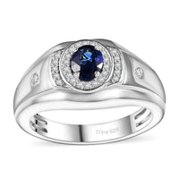 Ceylon Blue Sapphire, White Zircon Men's Ring in Rhodium Over Sterling Silver (Size 10.0) 1.20 ctw