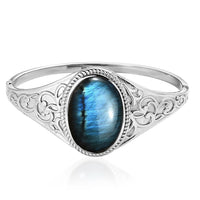 Malagasy Labradorite Filigree Bangle Bracelet in Stainless Steel (6.50 In) 39.30 ctw