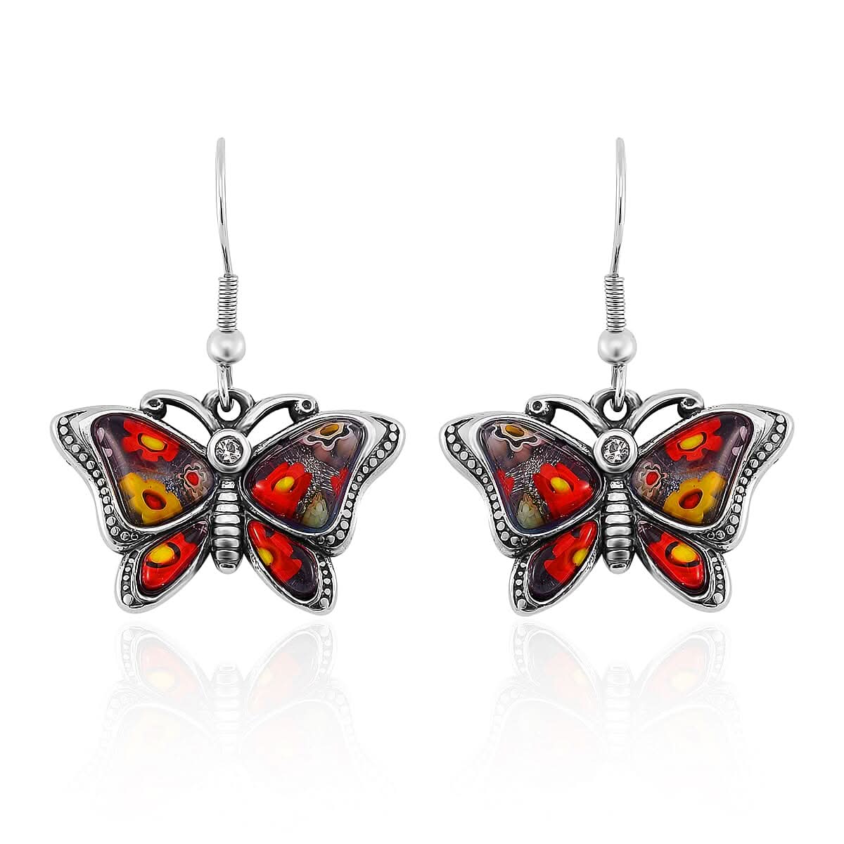 Multi Color Murano Style and White Austrian Crystal Dangle Earrings in Stainless Steel