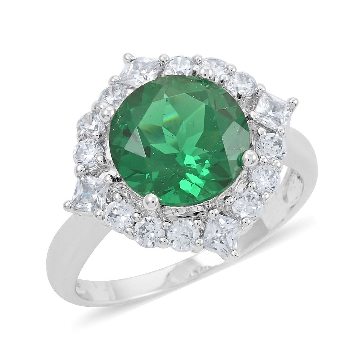 Emerald, Simulated Diamond Ring in Silvertone (Size 9.0) 6.10 ctw