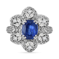 Kashmir Kyanite, White Zircon Floral Ring in Rhodium Over Sterling Silver (Size 10.0) 4.35 ctw