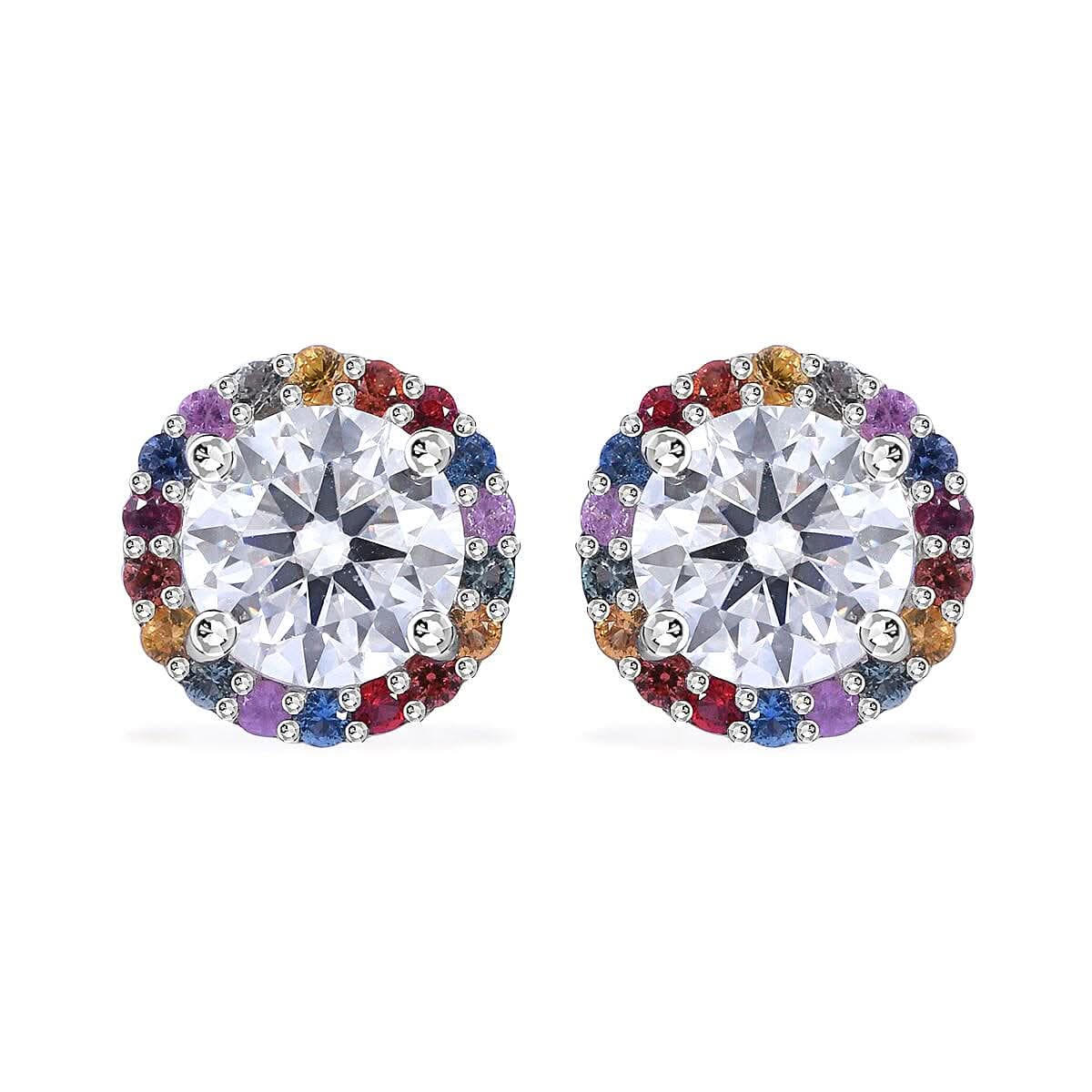 Moissanite and Multi Sapphire 2.00 ctw Rainbow Radiance Earrings in Rhodium Over Sterling Silver