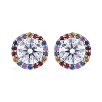 Moissanite and Multi Sapphire 2.00 ctw Rainbow Radiance Earrings in Rhodium Over Sterling Silver