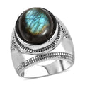 Malagasy Labradorite Solitaire Men's Ring in Stainless Steel (Size 10.0) 10.60 ctw - Sticky add to cart bar