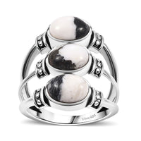 Doorbuster Artisan Crafted White Buffalo 3 Stone Ring in Sterling Silver (Size 10.0) 3.60 ctw