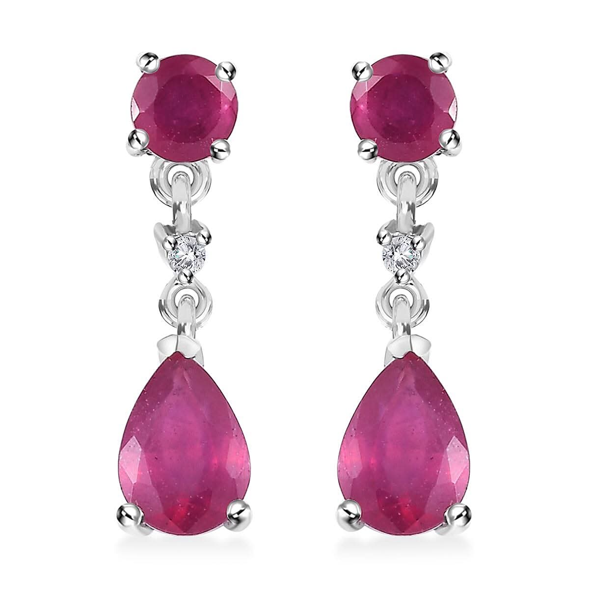 Niassa Ruby (FF) and White Zircon 2.70 ctw Drop Earrings in Rhodium Over Sterling Silver