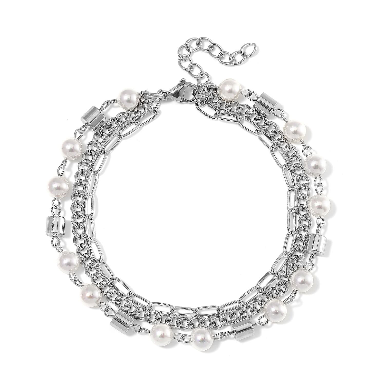 White Shell Pearl 3 Row Bracelet in Stainless Steel (7.5-9.0In)