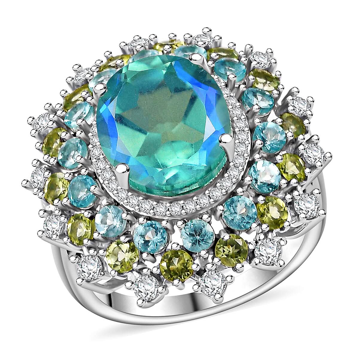 Premium Peacock Quartz, Multi Gemstone Cocktail Ring in Rhodium Over Sterling Silver (Size 10.0) 8.50 ctw