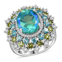 Premium Peacock Quartz, Multi Gemstone Cocktail Ring in Rhodium Over Sterling Silver (Size 10.0) 8.50 ctw