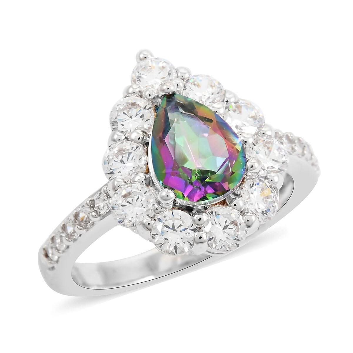 Green Mystic Quartz, Simulated Diamond Ring in Silvertone (Size 6.0) 2.85 ctw