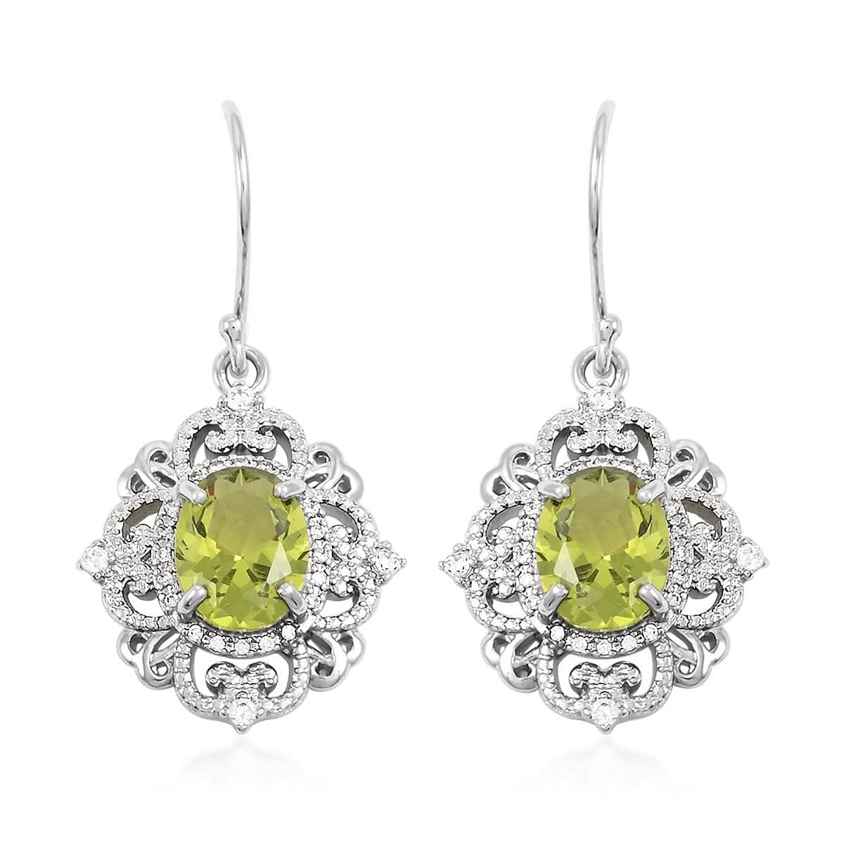 Simulated Peridot and Simulated Diamond 4.40 ctw Earrings in Silvertone