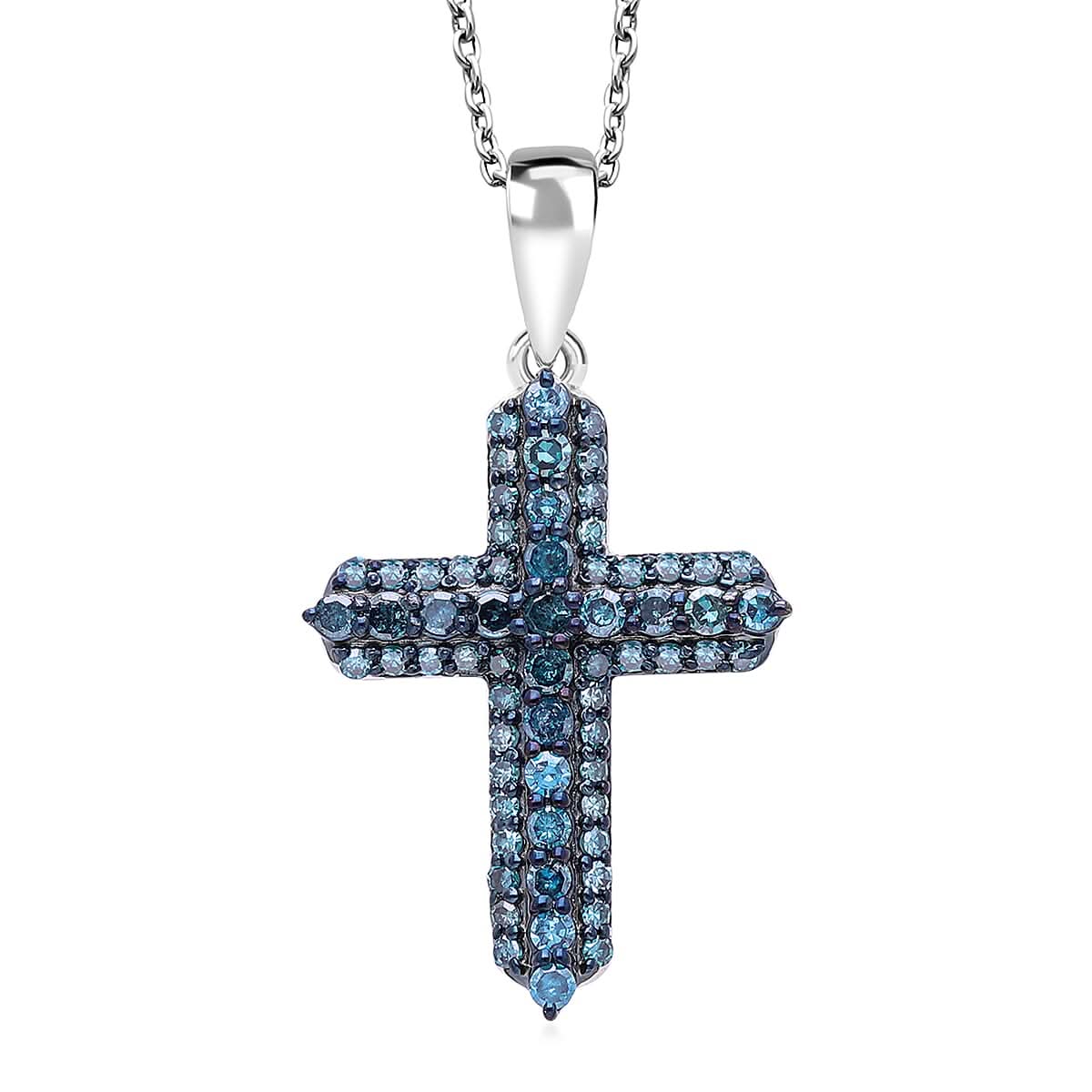 Doorbuster Blue Diamond (IR) Cross Pendant in Platinum Over Sterling Silver 0.50 ctw