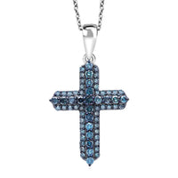 Doorbuster Blue Diamond (IR) Cross Pendant in Platinum Over Sterling Silver 0.50 ctw