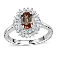Premium Jenipapo Andalusite, Moissanite Floral Ring in Rhodium Over Sterling Silver (Size 10.0) 1.25 ctw