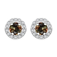 Premium Jenipapo Andalusite and White Zircon 0.85 ctw Halo Earrings in Rhodium Over Sterling Silver