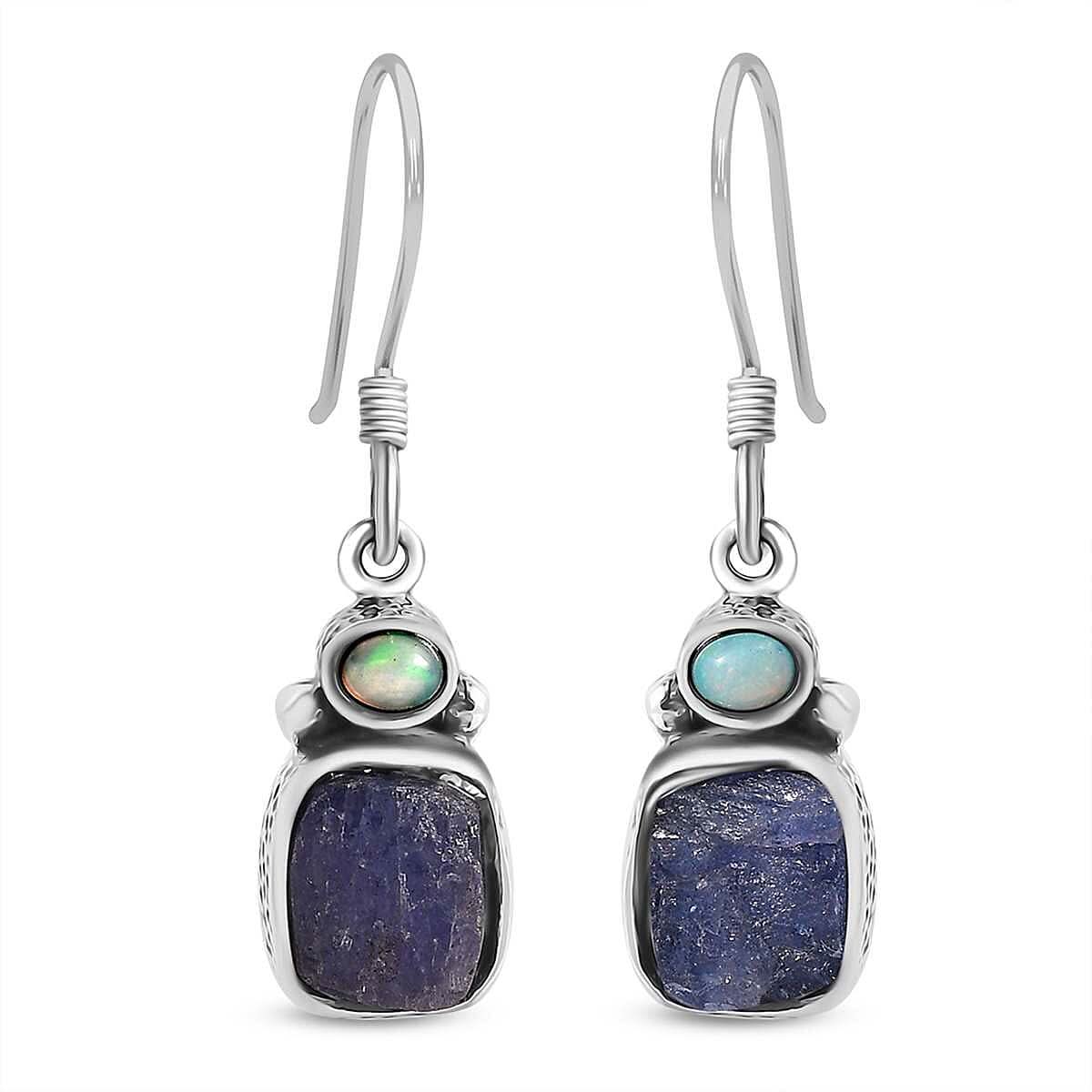 D'Joy Artisan Crafted Rough Cut Tanzanite and Ethiopian Welo Opal 10.75 ctw Dangle Earrings in Sterling Silver