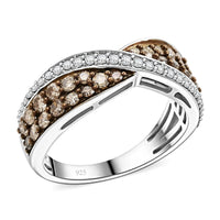 Natural Champagne and White Diamond Crossover Ring in Sterling Silver