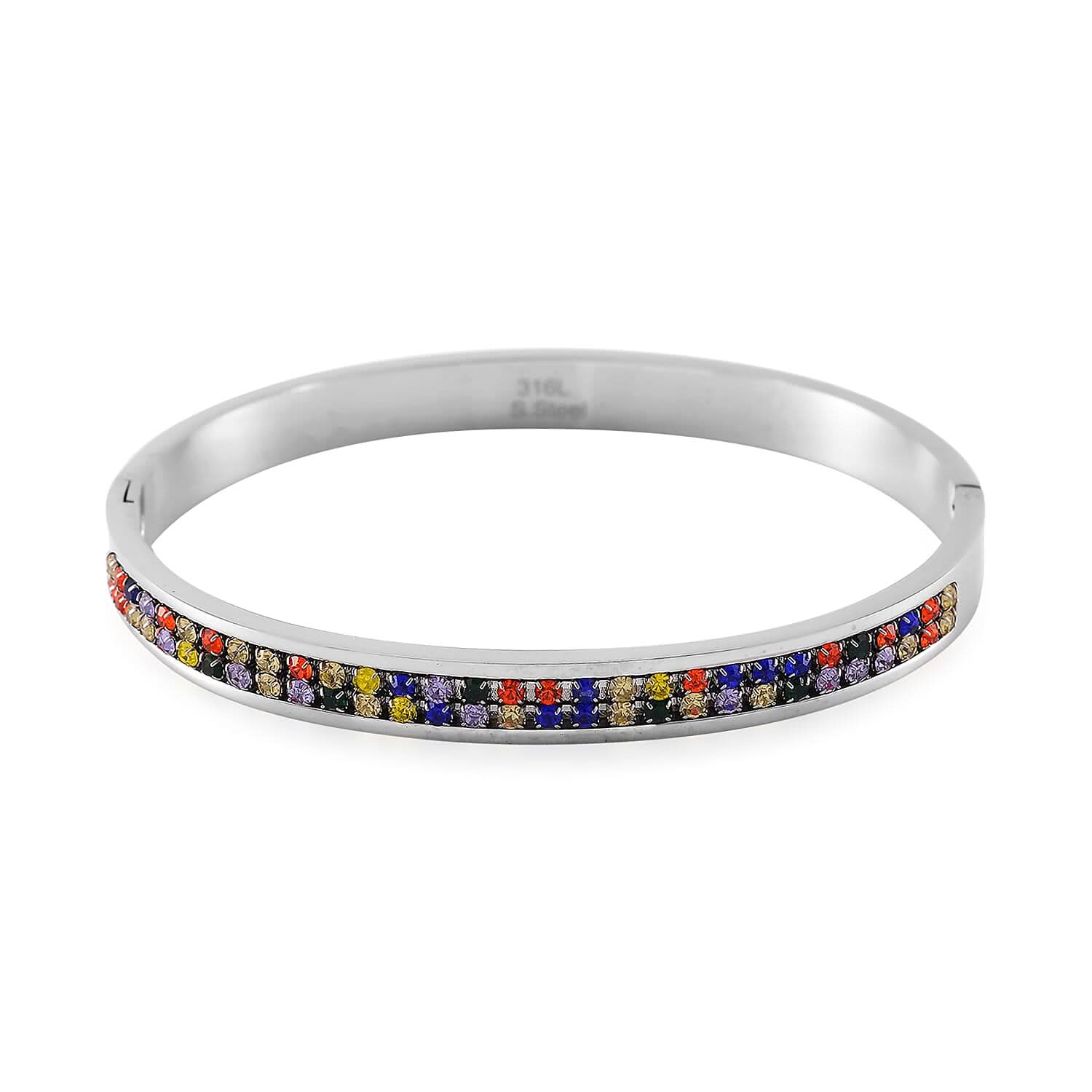 Multi Color Austrian Crystal Bangle Bracelet in Stainless Steel (7.50 In)