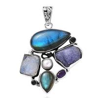 D'Joy Artisan Crafted Malagasy Labradorite and Multi Gemstone 25.00 ctw Pendant in Sterling Silver