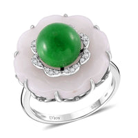 White Jade ,  Green Jade ,  White Zircon  Main Stone With Side Stone Ring in rhodium Sterling Silver 25.04 ctw