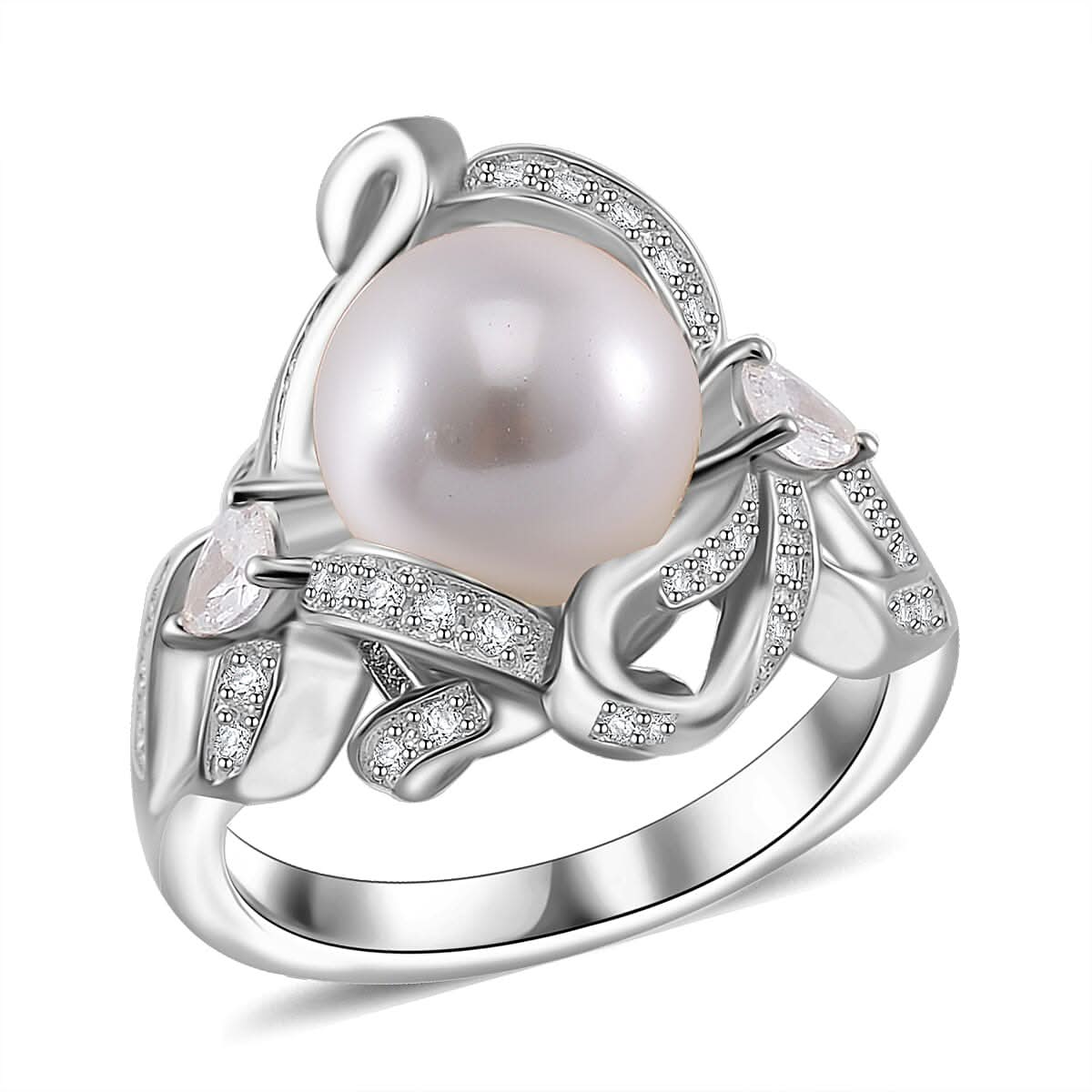 White Shell Pearl, Simulated Diamond Ring in Silvertone (Size 10.0) 1.10 ctw